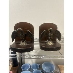 Vintage Basketville Wood Metal American Bald Eagle Bookends Pair 7x6”
